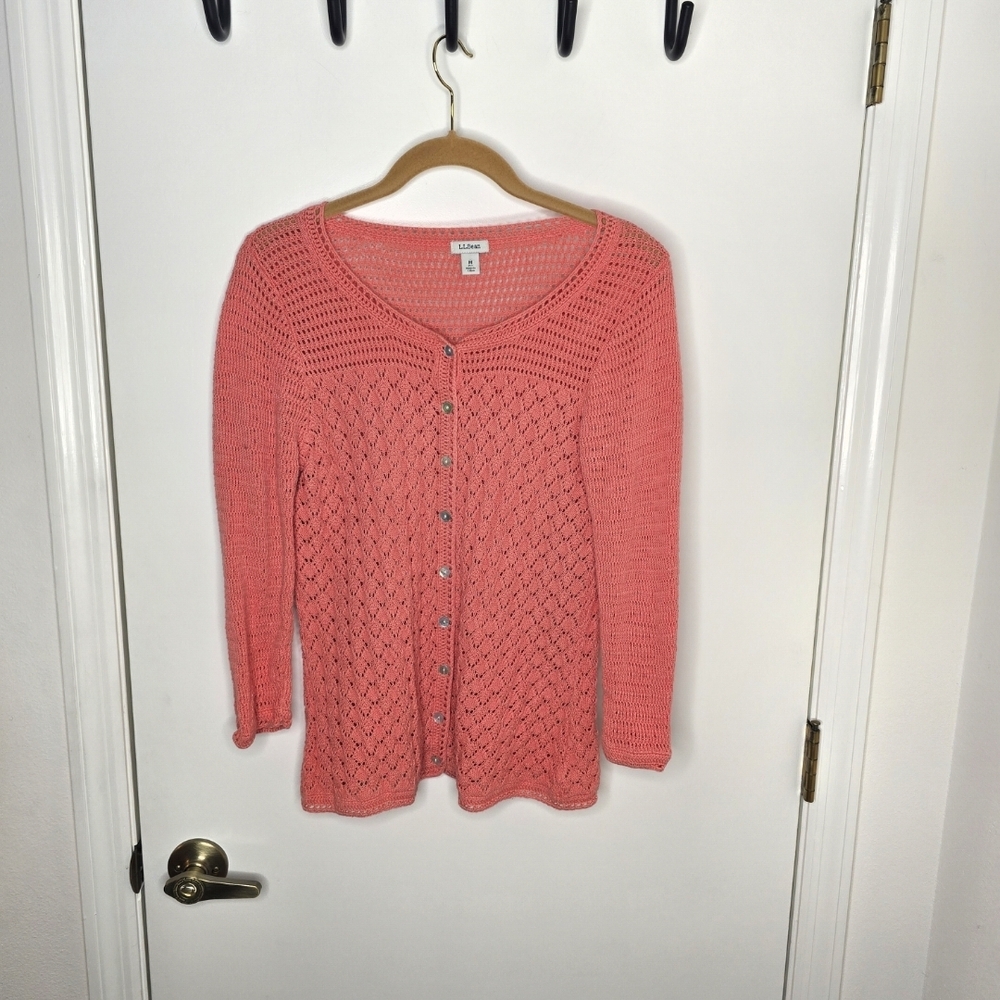 L.L. Bean Women's Coral Pointelle Open Knit Button-Up Cardigan Medium Petite